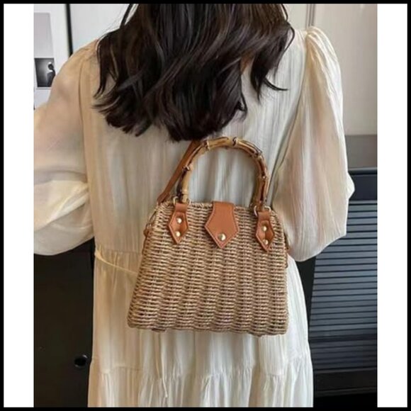 Rattan Woven Crossbody Shoulder Bag Minimalist Boho Summer Beach Tote - Picture 7 of 7